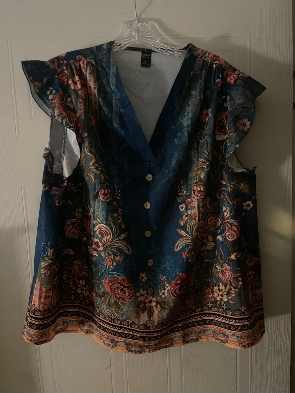 Emory Rose Floral V-Neck Button Front Blouse in Deep Blue